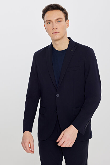 360 Her Yöne Esneyen Slim Fit Dar Kesim Kırlangıç Yaka Diagonal Desenli Lacivert Takım Elbise resmi