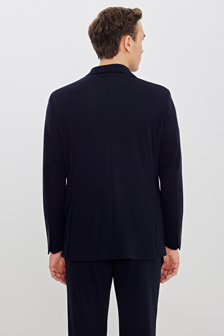 360 Her Yöne Esneyen Slim Fit Dar Kesim Kırlangıç Yaka Diagonal Desenli Lacivert Takım Elbise resmi