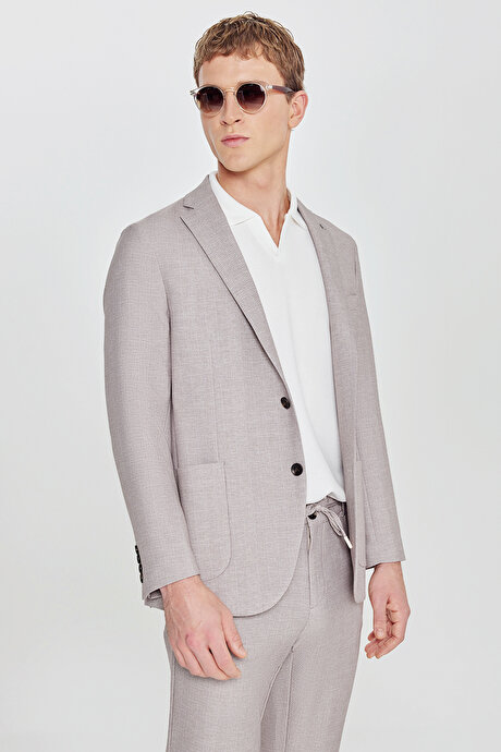 360 Her Yöne Esneyen Slim Fit Dar Kesim Mono Yaka Balıksırtı Desenli Torbalı Bej Takım Elbise resmi