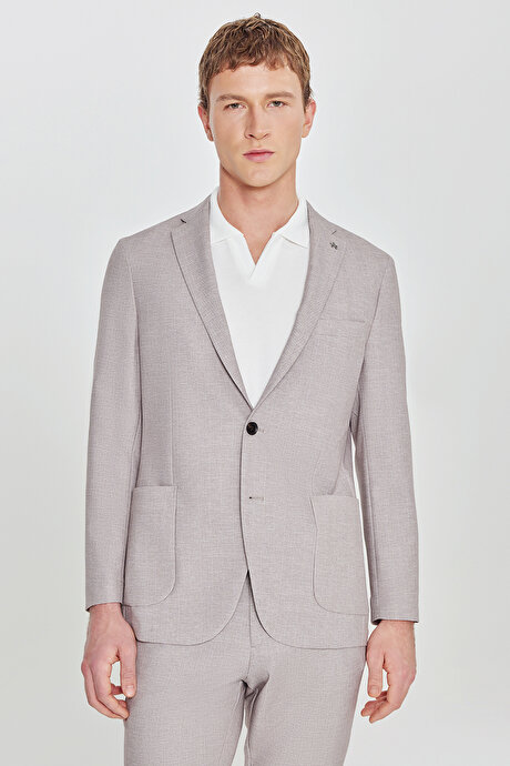 360 Her Yöne Esneyen Slim Fit Dar Kesim Mono Yaka Balıksırtı Desenli Torbalı Bej Takım Elbise resmi