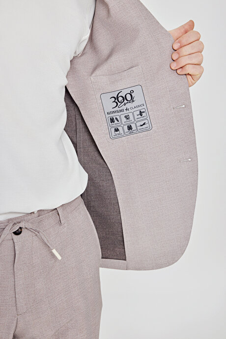 360 Her Yöne Esneyen Slim Fit Dar Kesim Mono Yaka Balıksırtı Desenli Torbalı Bej Takım Elbise resmi