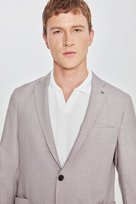 360 Her Yöne Esneyen Slim Fit Dar Kesim Mono Yaka Balıksırtı Desenli Torbalı Bej Takım Elbise resmi