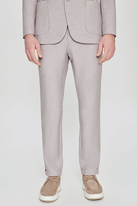 360 Her Yöne Esneyen Slim Fit Dar Kesim Mono Yaka Balıksırtı Desenli Torbalı Bej Takım Elbise resmi