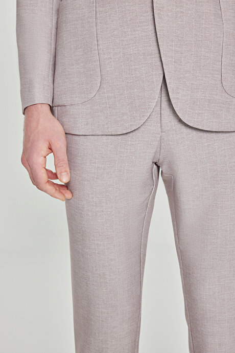 360 Her Yöne Esneyen Slim Fit Dar Kesim Mono Yaka Balıksırtı Desenli Torbalı Bej Takım Elbise resmi