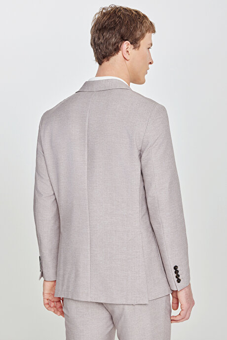 360 Her Yöne Esneyen Slim Fit Dar Kesim Mono Yaka Balıksırtı Desenli Torbalı Bej Takım Elbise resmi