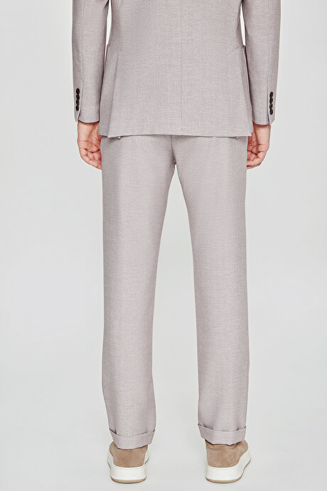 360 Her Yöne Esneyen Slim Fit Dar Kesim Mono Yaka Balıksırtı Desenli Torbalı Bej Takım Elbise resmi