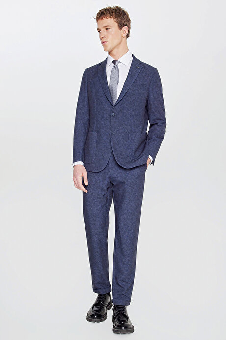 Slim Fit Dar Kesim Mono Yaka Beli Bağlamalı Desenli Torba Cepli Esnek Lacivert Takım Elbise resmi