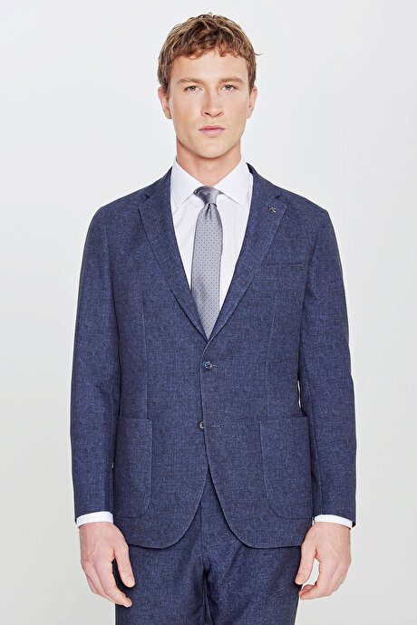 Slim Fit Dar Kesim Mono Yaka Beli Bağlamalı Desenli Torba Cepli Esnek Lacivert Takım Elbise resmi