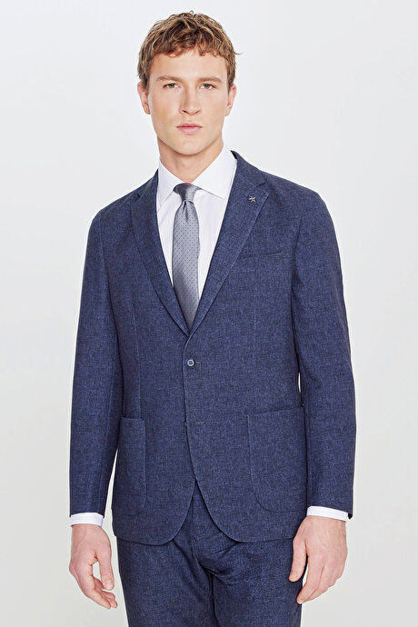 Slim Fit Dar Kesim Mono Yaka Beli Bağlamalı Desenli Torba Cepli Esnek Lacivert Takım Elbise resmi