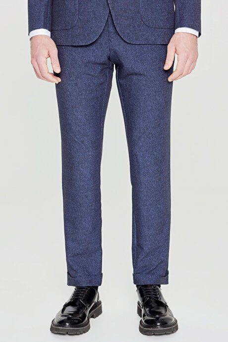 Slim Fit Dar Kesim Mono Yaka Beli Bağlamalı Desenli Torba Cepli Esnek Lacivert Takım Elbise resmi