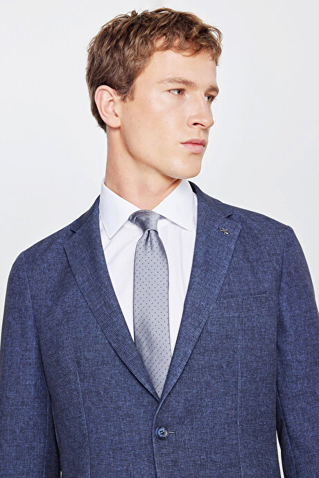 Slim Fit Dar Kesim Mono Yaka Beli Bağlamalı Desenli Torba Cepli Esnek Lacivert Takım Elbise resmi