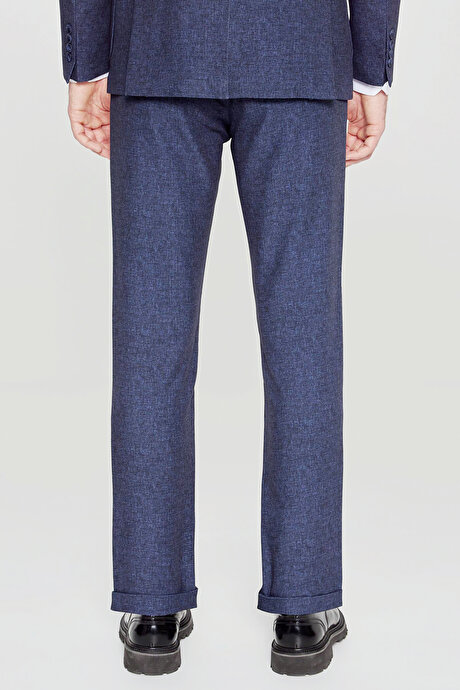 Slim Fit Dar Kesim Mono Yaka Beli Bağlamalı Desenli Torba Cepli Esnek Lacivert Takım Elbise resmi