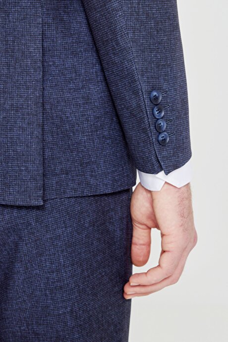 Slim Fit Dar Kesim Mono Yaka Beli Bağlamalı Desenli Torba Cepli Esnek Lacivert Takım Elbise resmi