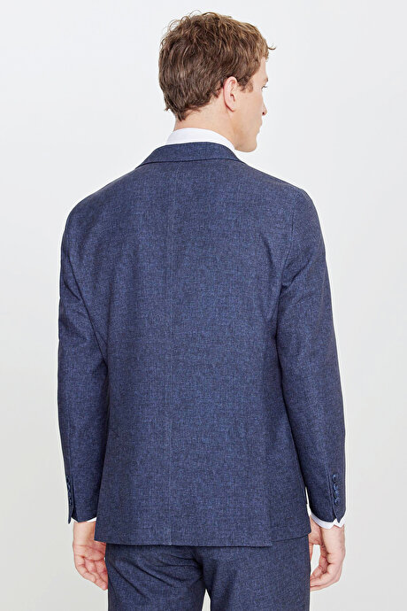 Slim Fit Dar Kesim Mono Yaka Beli Bağlamalı Desenli Torba Cepli Esnek Lacivert Takım Elbise resmi