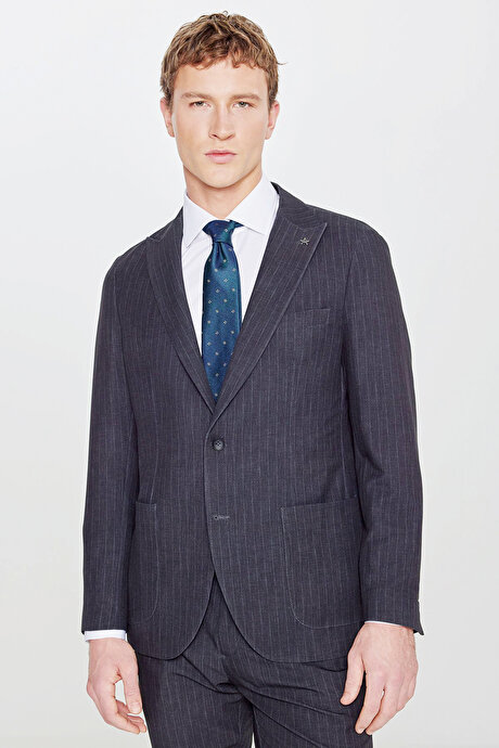 360 Her Yöne Esneyen Slim Fit Dar Kesim Kırlangıç Yaka Taşıma Torbalı Çizgili Siyah Takım Elbise resmi