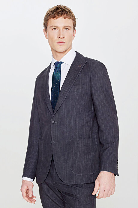 360 Her Yöne Esneyen Slim Fit Dar Kesim Kırlangıç Yaka Taşıma Torbalı Çizgili Siyah Takım Elbise resmi