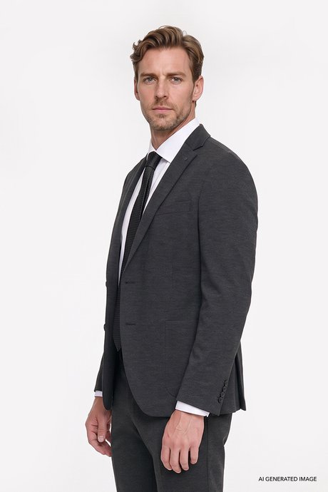 Yumuşak Dokulu Slim Fit Dar Kesim Mono Yaka Torba Cepli Esnek Siyah Takım Elbise resmi