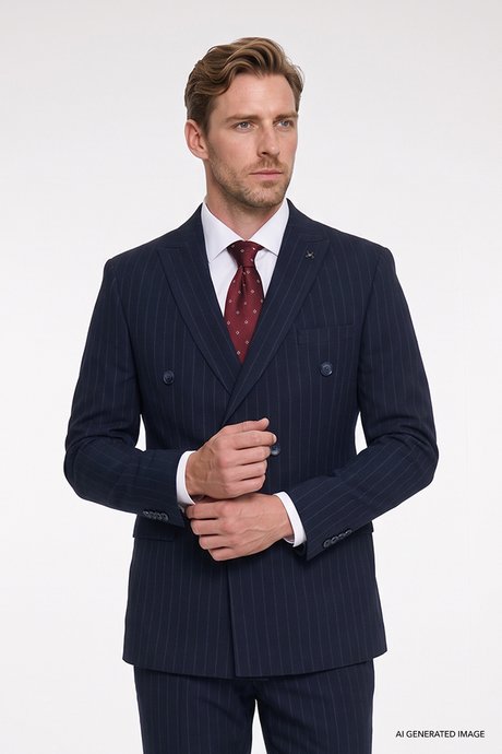 Slim Fit Dar Kesim Kırlangıç Yaka Kapak Cepli Çizgili Gofre Desenli Kruvaze Lacivert Takım Elbise resmi