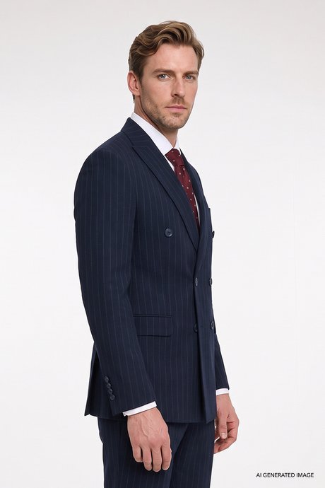 Slim Fit Dar Kesim Kırlangıç Yaka Kapak Cepli Çizgili Gofre Desenli Kruvaze Lacivert Takım Elbise resmi