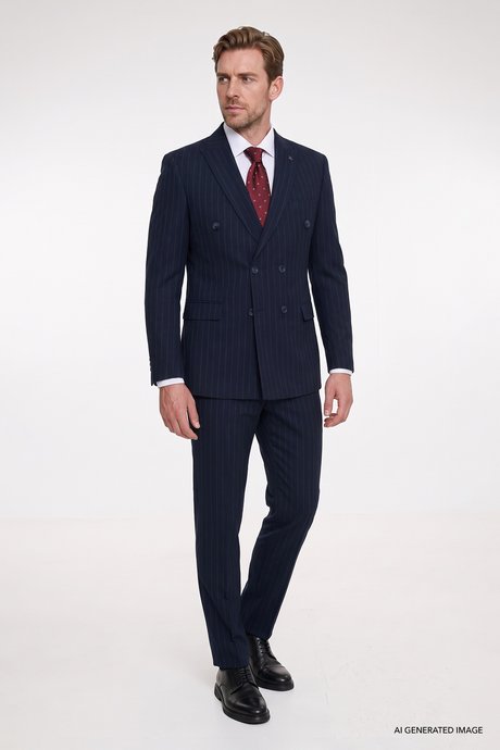 Slim Fit Dar Kesim Kırlangıç Yaka Kapak Cepli Çizgili Gofre Desenli Kruvaze Lacivert Takım Elbise resmi