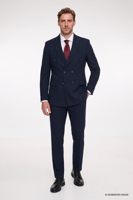 Slim Fit Dar Kesim Kırlangıç Yaka Kapak Cepli Çizgili Gofre Desenli Kruvaze Lacivert Takım Elbise resmi