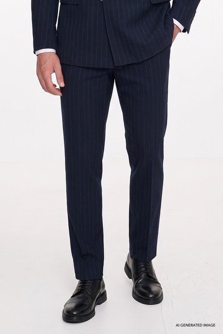 Slim Fit Dar Kesim Kırlangıç Yaka Kapak Cepli Çizgili Gofre Desenli Kruvaze Lacivert Takım Elbise resmi