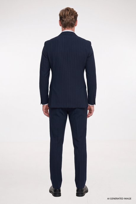 Slim Fit Dar Kesim Kırlangıç Yaka Kapak Cepli Çizgili Gofre Desenli Kruvaze Lacivert Takım Elbise resmi