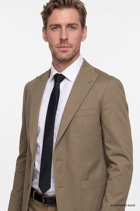 Yumuşak Dokulu Slim Fit Dar Kesim Kırlangıç Yaka Torba Cepli Diagonal Desenli Esnek Haki Takım Elbise resmi