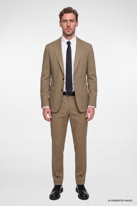 Yumuşak Dokulu Slim Fit Dar Kesim Kırlangıç Yaka Torba Cepli Diagonal Desenli Esnek Haki Takım Elbise resmi