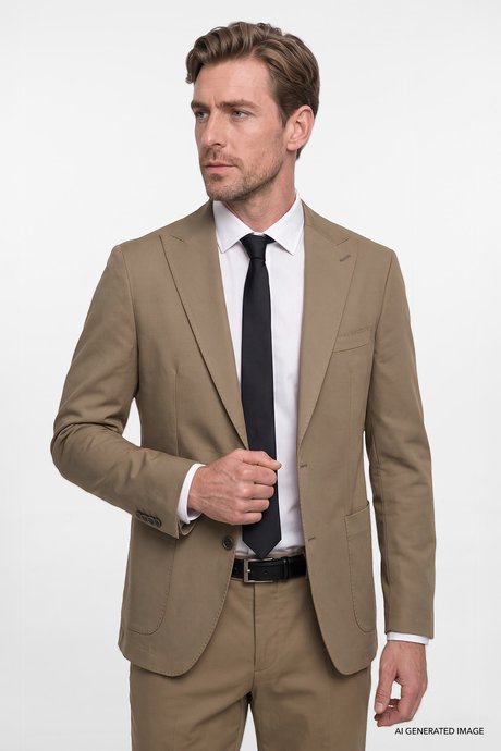 Yumuşak Dokulu Slim Fit Dar Kesim Kırlangıç Yaka Torba Cepli Diagonal Desenli Esnek Haki Takım Elbise resmi