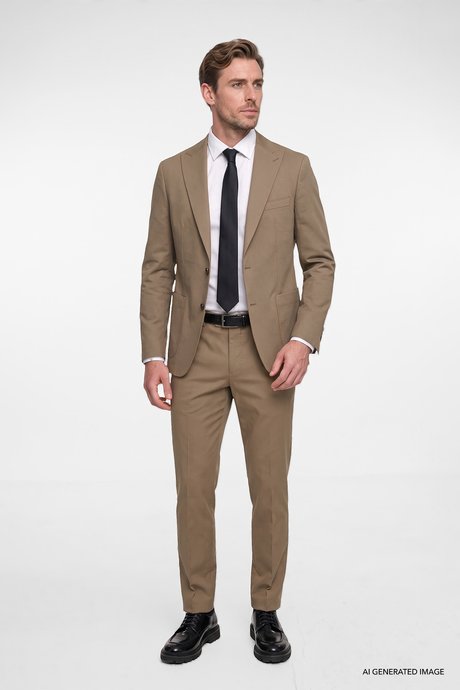 Yumuşak Dokulu Slim Fit Dar Kesim Kırlangıç Yaka Torba Cepli Diagonal Desenli Esnek Haki Takım Elbise resmi