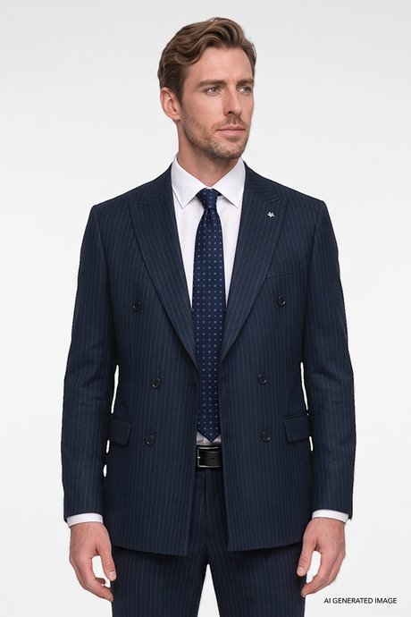 360 Her Yöne Esneyen Slim Fit Dar Kesim Kırlangıç Yaka Kapak Cepli Çizgili Kruvaze Lacivert-Beyaz Takım Elbise resmi