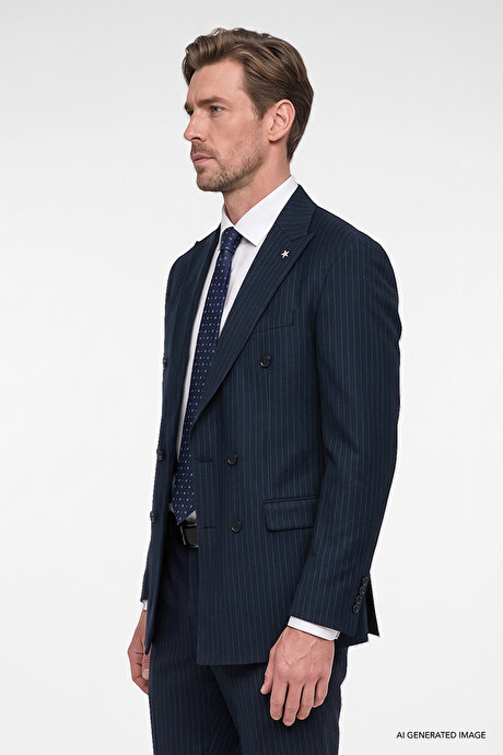 360 Her Yöne Esneyen Slim Fit Dar Kesim Kırlangıç Yaka Kapak Cepli Çizgili Kruvaze Lacivert-Beyaz Takım Elbise resmi