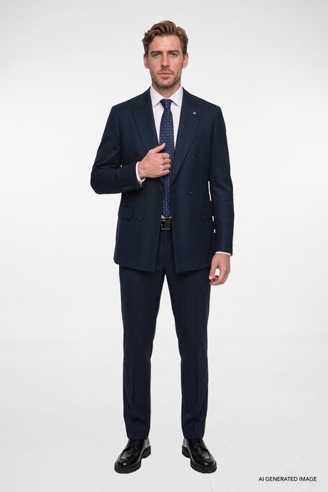 360 Her Yöne Esneyen Slim Fit Dar Kesim Kırlangıç Yaka Kapak Cepli Çizgili Kruvaze Lacivert-Beyaz Takım Elbise resmi