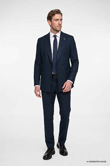 360 Her Yöne Esneyen Slim Fit Dar Kesim Kırlangıç Yaka Kapak Cepli Çizgili Kruvaze Lacivert-Beyaz Takım Elbise resmi
