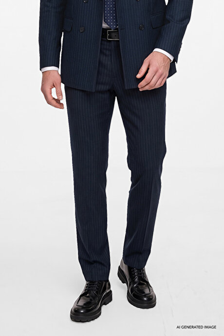 360 Her Yöne Esneyen Slim Fit Dar Kesim Kırlangıç Yaka Kapak Cepli Çizgili Kruvaze Lacivert-Beyaz Takım Elbise resmi