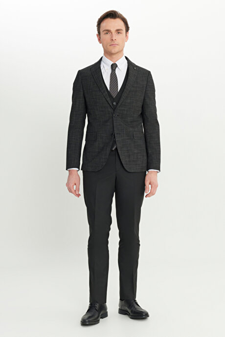 Yünlü Slim Fit Dar Kesim Mono Yaka Kapak Cepli Desenli Yelekli Siyah-Beyaz Yelekli Takım Elbise resmi