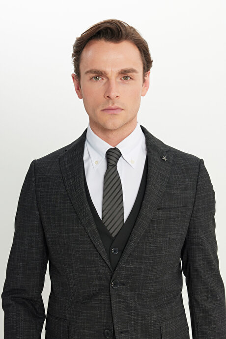 Yünlü Slim Fit Dar Kesim Mono Yaka Kapak Cepli Desenli Yelekli Siyah-Beyaz Yelekli Takım Elbise resmi