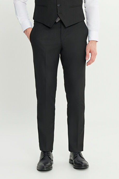 Yünlü Slim Fit Dar Kesim Mono Yaka Kapak Cepli Desenli Yelekli Siyah-Beyaz Yelekli Takım Elbise resmi