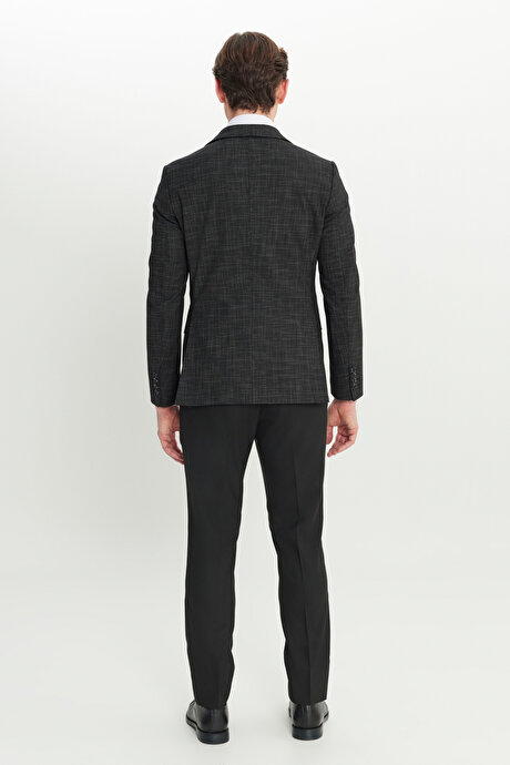 Yünlü Slim Fit Dar Kesim Mono Yaka Kapak Cepli Desenli Yelekli Siyah-Beyaz Yelekli Takım Elbise resmi