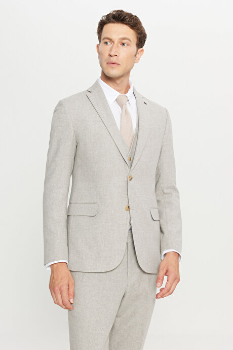 Yünlü Slim Fit Dar Kesim Mono Yaka Kapak Cepli Yelekli Bej Yelekli Takım Elbise resmi