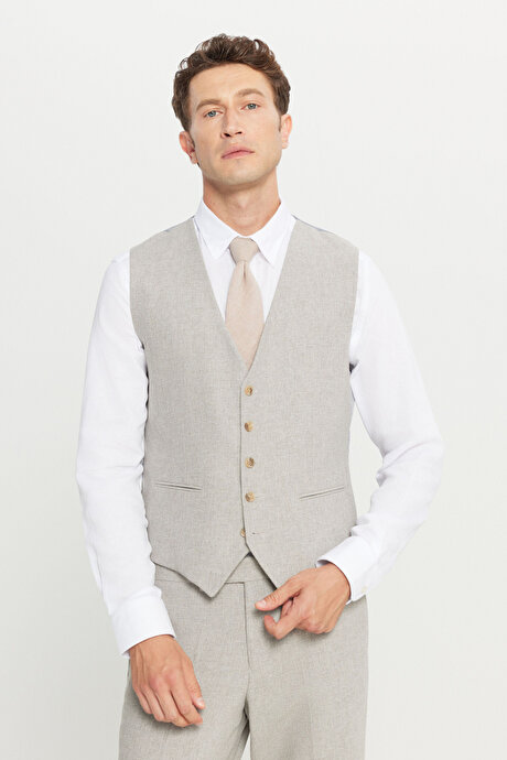 Yünlü Slim Fit Dar Kesim Mono Yaka Kapak Cepli Yelekli Bej Yelekli Takım Elbise resmi