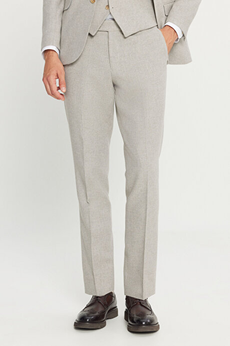 Yünlü Slim Fit Dar Kesim Mono Yaka Kapak Cepli Yelekli Bej Yelekli Takım Elbise resmi