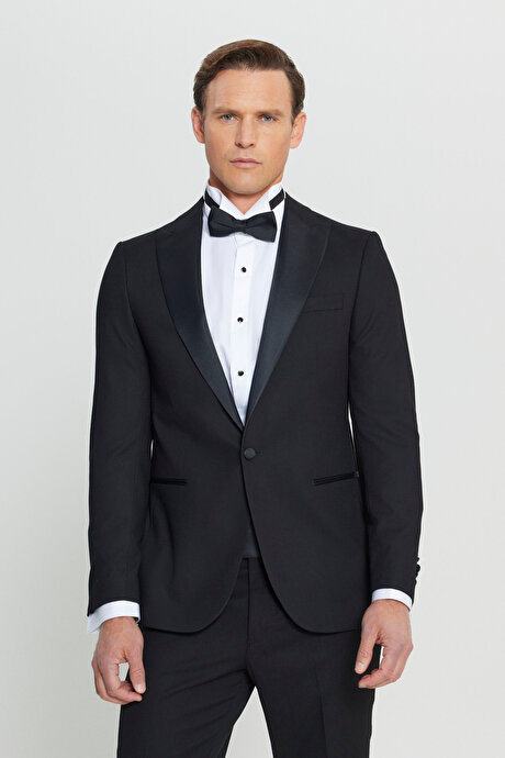 Slim Fit Dar Kesim Kırlangıç Yaka Fleto Cepli Damatlık Siyah Smokin Takım resmi