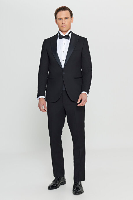 Slim Fit Dar Kesim Kırlangıç Yaka Fleto Cepli Damatlık Siyah Smokin Takım resmi