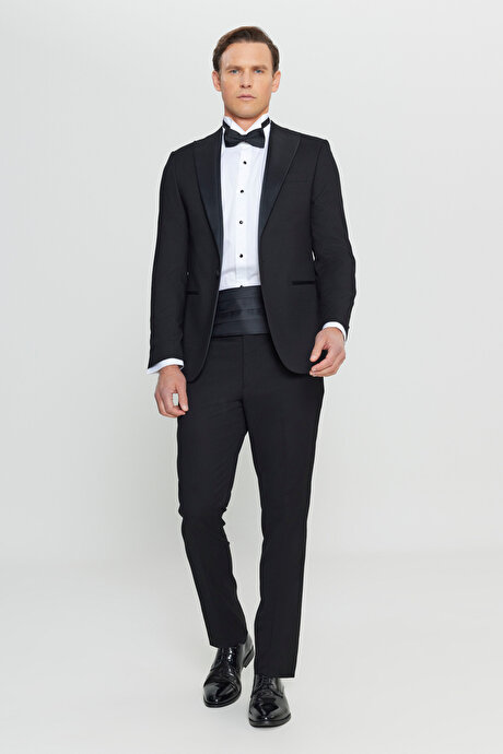 Slim Fit Dar Kesim Kırlangıç Yaka Fleto Cepli Damatlık Siyah Smokin Takım resmi