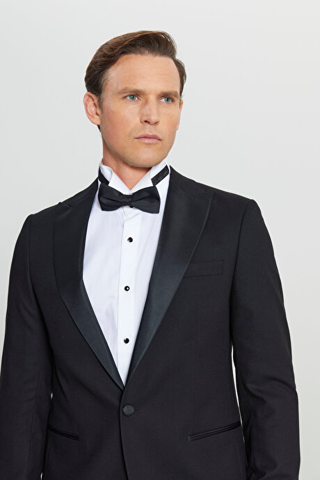 Slim Fit Dar Kesim Kırlangıç Yaka Fleto Cepli Damatlık Siyah Smokin Takım resmi