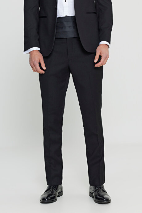Slim Fit Dar Kesim Kırlangıç Yaka Fleto Cepli Damatlık Siyah Smokin Takım resmi