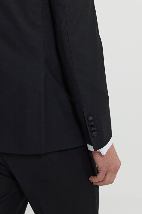 Slim Fit Dar Kesim Kırlangıç Yaka Fleto Cepli Damatlık Siyah Smokin Takım resmi