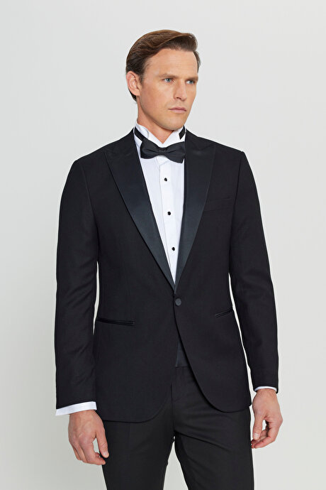 Slim Fit Dar Kesim Kırlangıç Yaka Fleto Cepli Damatlık Siyah Smokin Takım resmi